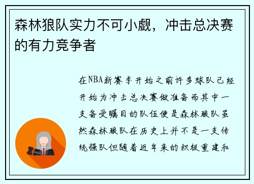 森林狼队实力不可小觑，冲击总决赛的有力竞争者